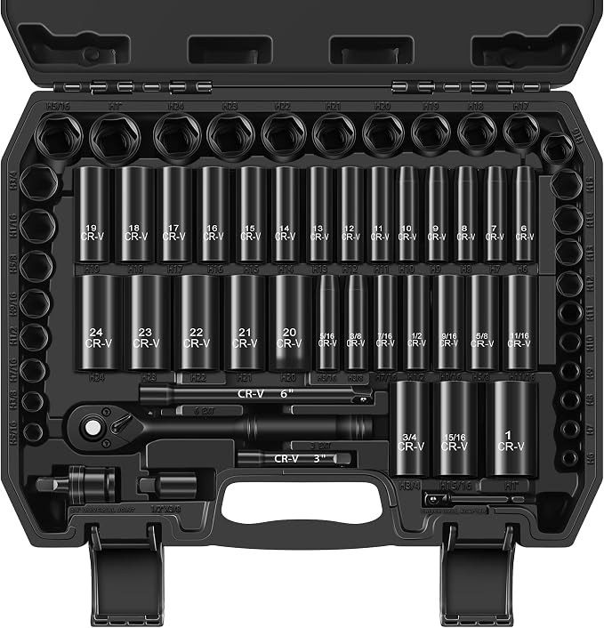 Reniteco 64-Piece 3/8" Drive Socket Set, SAE (5/16"-1") & Metric (6mm-24mm), Deep & Shallow, 72-Tooth Ratchet Wrench, Extension Bars, 1/2" F to 3/8" M Reducer, Universal Joint & Power Drill Adapter