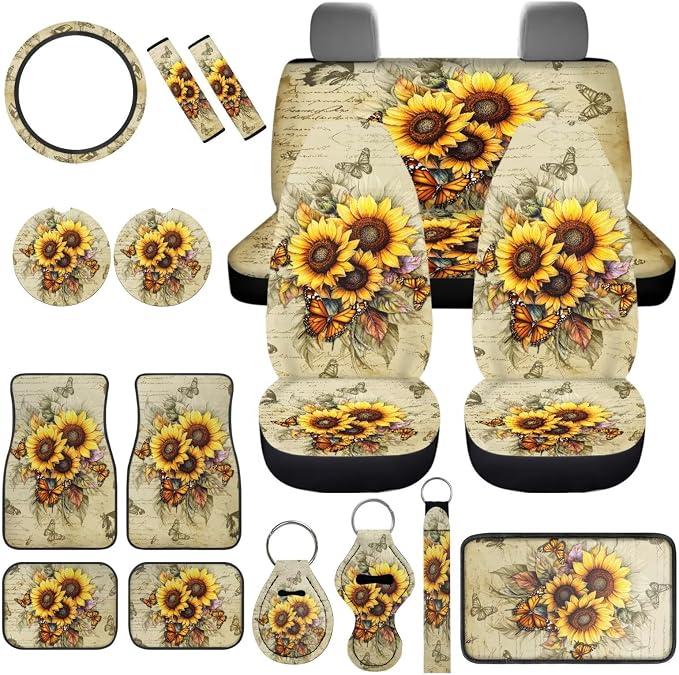 Butterfly Car Accessories Set Full Sets of 17 Pack Sunflower Car Seat Covers Full Sets with Front and Split Rear Bench Heavy Duty Floor Mats Seat Belt Shoulder Pad Steering Wheel Covers