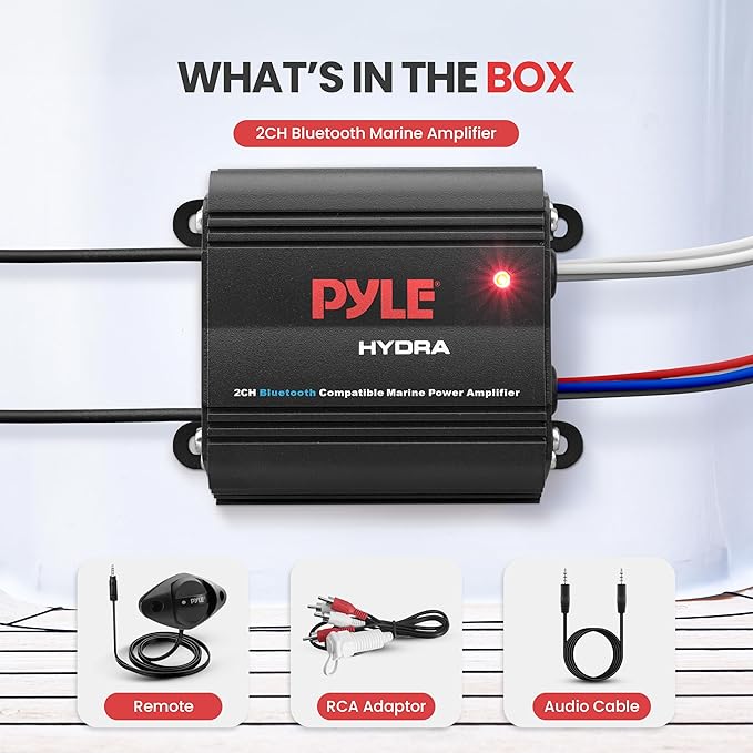 Pyle Auto 2-Channel Marine Amplifier - 200 Watt RMS 4 OHM Full Range Stereo with Wireless Bluetooth & Powerful Prime Speaker - High Crossover HD Music Audio Multi Channel System PLMRMB2CB, Black
