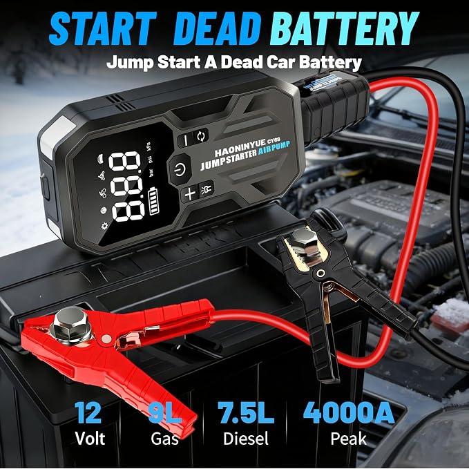 Jump Starter with Air Compressor, 4000A Portable Car Battery Booster (9.0 Gas/6.5L Diesel) with 150PSI Auto-Shutoff Tire Inflator, 12V Safe Lithium Jump Box Car Battery Jumper Starter（CY69 ）