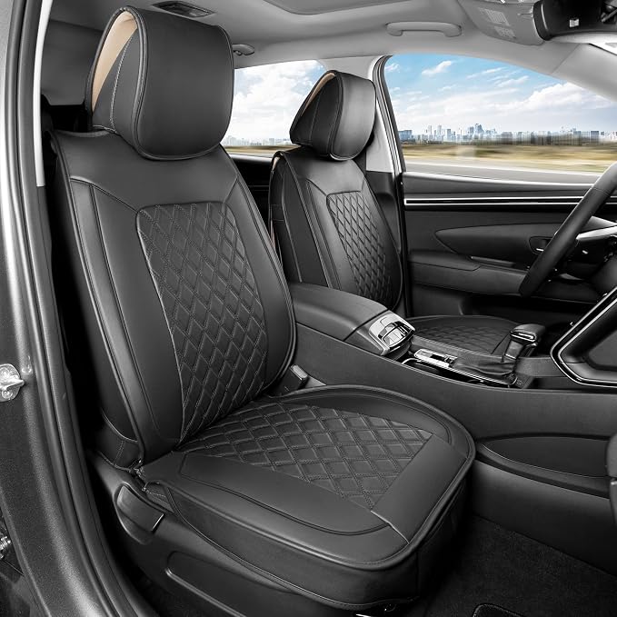 MotorBox Prestige Edition Napa Leather Seat Covers for Cars, Open Sides Front Seat Covers, Premium PU Leatherette Black Car Seat Covers for Cars Trucks SUVs, Front Seats Only