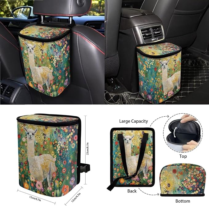 Alpaca Flower Print Automotive Seat Covers & Accessories Full Set, 15Pcs Car Interior Cover Set High Back Seat Covers Steering Wheel Cover Safety Belt Pads for Vehicle Truck Sedan