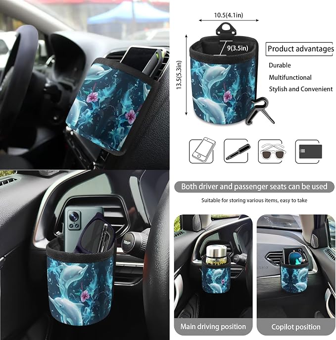 Dolphin Hibiscus Heart Print Car Seat Cover Full Set of 15 Steering Wheel Covers Seatbelt Strap Pad Trash Cans Air Vent Storage Bag Rearview Mirror Cover Cup Holder Keychain