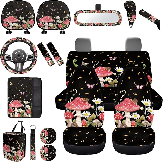 17 Pieces Mushroom Car Seat Covers Full Set for Women Girly,Starry Sky Mushroom Car Accessories Set with Steering Wherl Cover Seat Belt Cover Pad Car Headrest Cover Cup Coaster Sets
