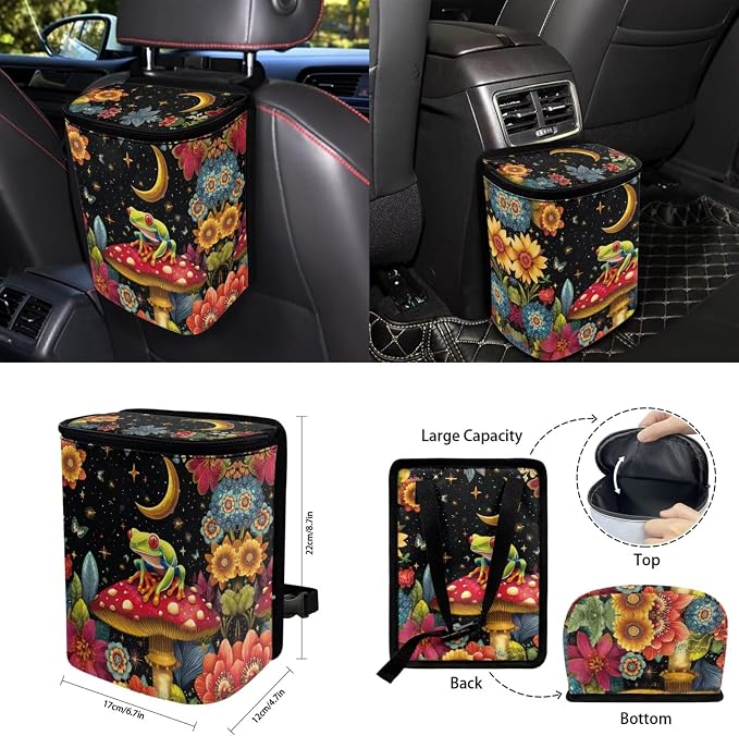 Moon Mushroom Frog Car Seat Covers Set of 15 with Universal Steering Wheel Cover, Rearview Mirror Cover, Car Trash Can, Seatbelt Pads, Cup Holder Coasters, Keychains
