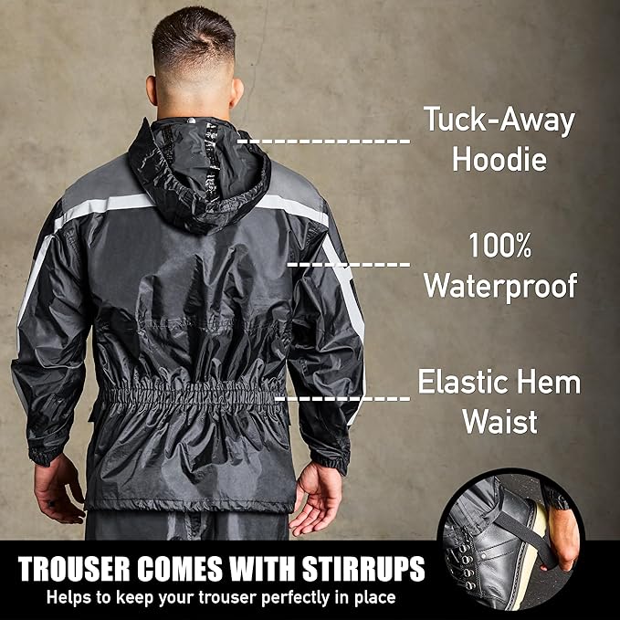 Waterproof Motorcycle Rain Suit, 2-Piece Reflective Gear, Lightweight Riding Jacket & Pants, Protective Raincoat with Hoodie