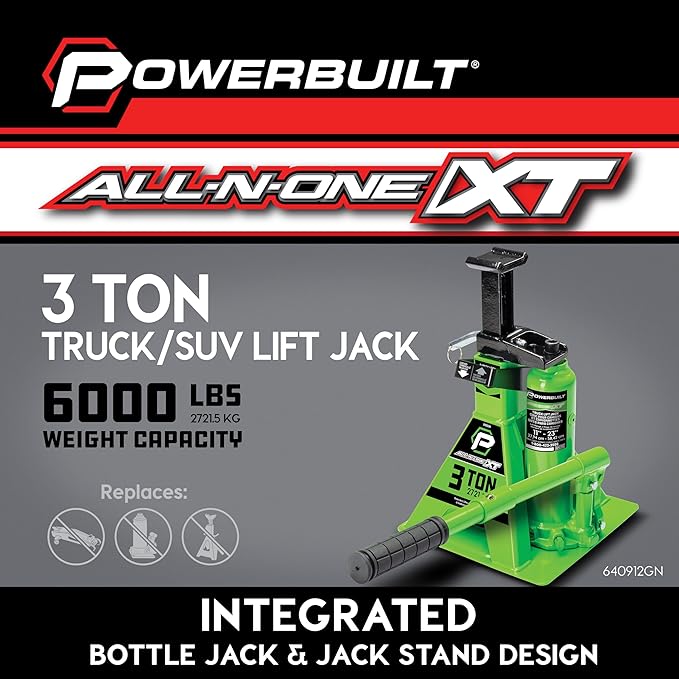 POWERBUILT 3 Ton All-in-One Hydraulic Bottle Jack and Jackstand in One, Compact, Wide Base, 11-21 Inch Range, Eliminates Jackstands, for Trucks, SUVs, RVs, Trailers, ASME, Not for Sedans - 640912