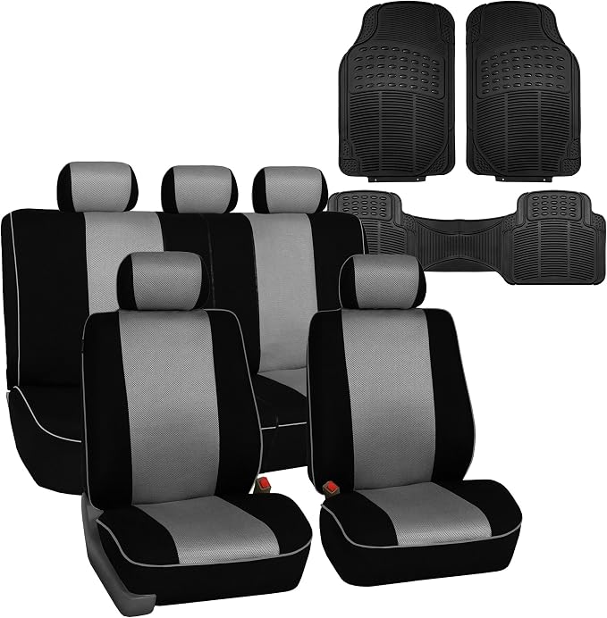 FH Group Automotive Seat Covers Edgy Piping Seat Covers Full Gray Set Interior Accessories,Universal Fit Combo Vinyl Floor Mats Seat Covers Car for Cars and Vans Airbag and Split Rear Automotive
