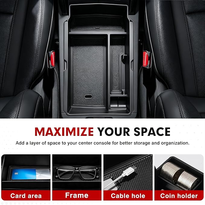 Autorder Center Console Organizer for 2023-2026 Honda CRV Accessories - Armrest Storage Box Middle Console Tray Container with Black & Red Non-Slip Silicone Mats