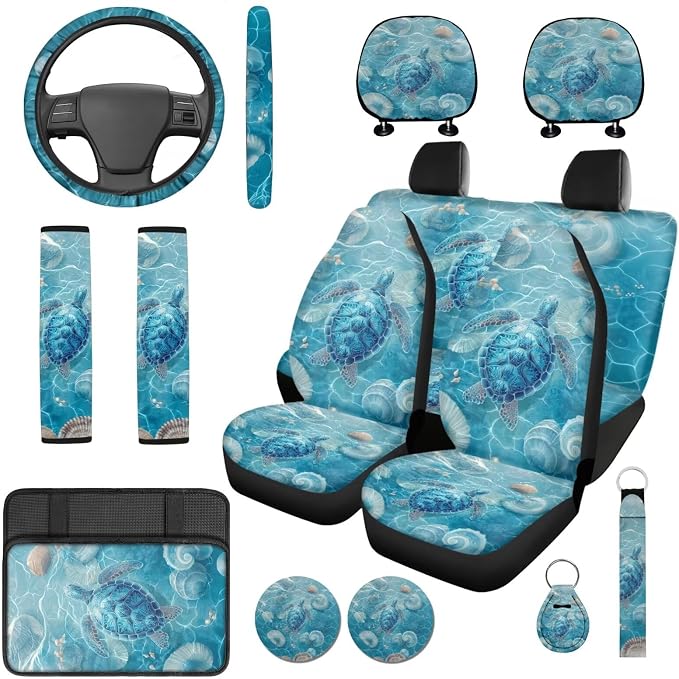 Bulopur Sea Turtle Automotive Seat Covers Front and Back with Car Steering Wheel Cover Non-Slip Armrest Pad Seat Belt Covers Keychain Automotive Interior Accessories Set 14 Pack