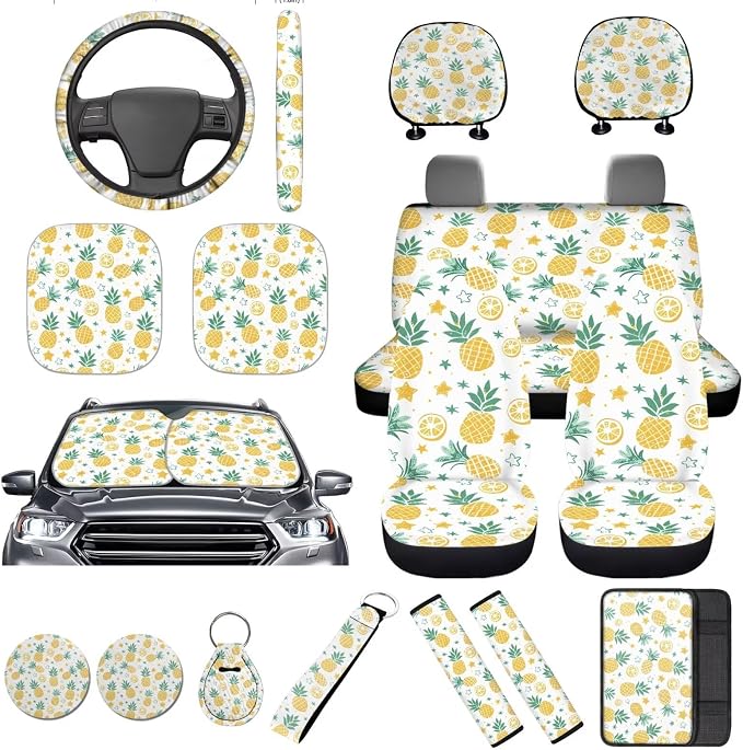 16 Pcs Pineapple Car Seat Covers Full Set Sun Shade Windshield with Steering Wheel Cover Seatbelt Pads Coasters Keychain Armrest Cushion and Pillow,Fruit Car Accessories Universal Fit