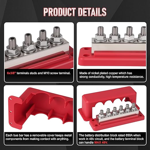 CNSPEED﻿ 2Pcs 600A Bus Bar Power Distribution Block 12-48V Terminal Block 6x3/8(M10) Studs Marine Battery Bus Bar with Waterproof Cover Quick Mount for Automotive Car Boat Solar System Red & Black