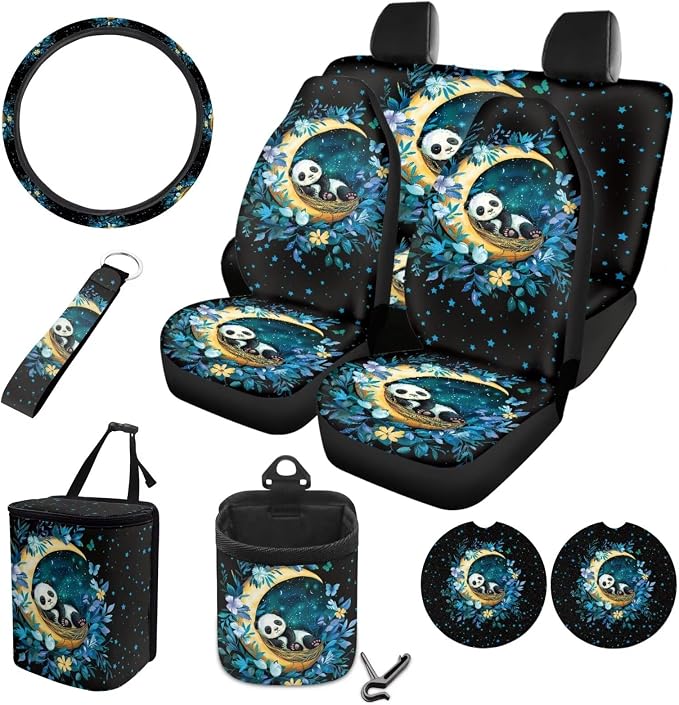 Panda Moon Floral Pattern Car Seat Covers Full Set, 10 Pcs Waterproof Car Accessories Steering Wheel Cover Car Trash Bin Keychain Cup Coasters Air Vent Storage Box for Women Men