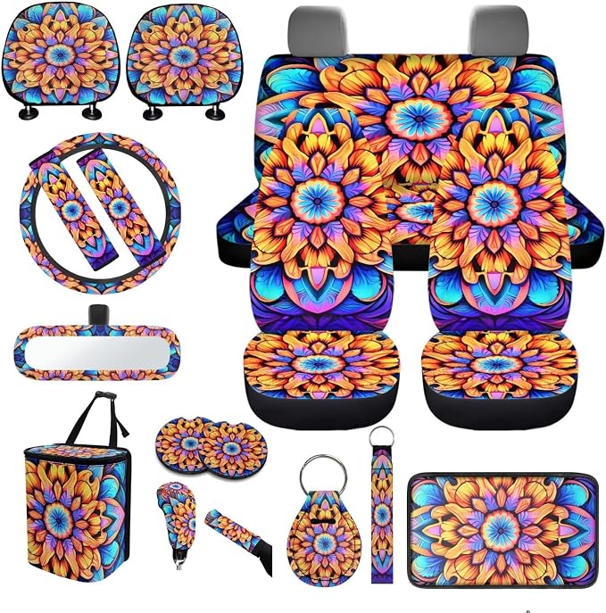 Mandala Lotus Car Seat Covers Full Set 18 Pcs Universal Car Interior Accessories Full Sets Hobo Mandala Flower Steering Wheel Cover Car Seat Belt Pads Cover Car Headrest Covers Keychain