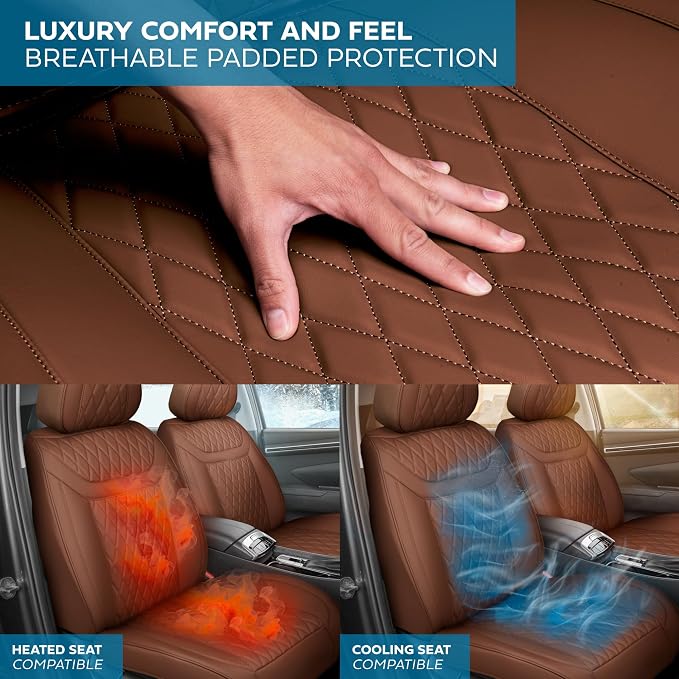 MotorBox Creekstone Series – PU Leather Seat Covers for Cars, Creekstone Series Cross-Stitch Edition Front Seat Covers, Diamond Stitched PU Leatherette Brown Car Seat Covers for Cars Trucks SUVs