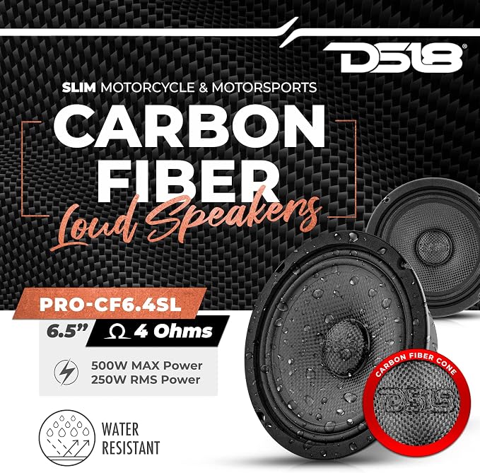 DS18 PRO-CF6.4SL 6.5" Slim Speaker 500 Watts RMS Max Power 4-Ohms Carbon Fiber Cone Water Resistant Mid-Bass Loudspeaker - Great Speaker for Motorcycles and Powersports - 1 Speaker