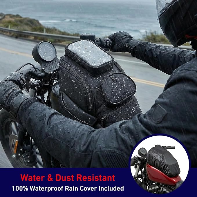 Nomad Motorcycle Tank Bag – 4L Heavy Duty Black Gas Tank Bag with Touchscreen Phone Window, Magnetic Universal Fuel Tank Pouch for Cruiser, Sportbike, Touring & Street Bikes