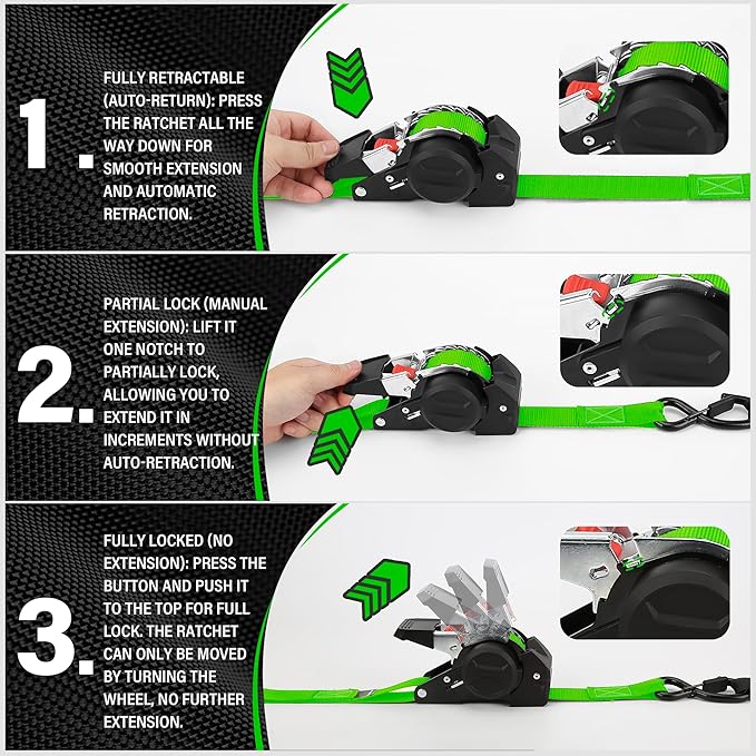 Retractable Ratchet Straps, 1763lb Break Strength Green Self Retracting Ratchet Straps Heavy Duty with Soft Loops, 1'' x 10FT Auto Tie Down Straps Easy Retract for Motorcycle, Truck, Cargo, 2 Pack