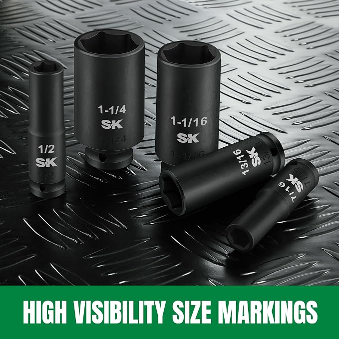 SK 1/2" Drive Impact Socket Set, Deep SAE Sockets, 13-Piece 7/16" to 1-1/4", Premium CR-MO Steel, SureGrip 6 Point Design, With Storage Case