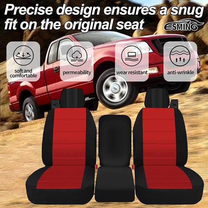 ESMING 40/20/40 Durable Oxford Fabric Front Split Bench Seat Covers for Ford F150 XL Standard Cab 2004 2005 2006 2007 2008 with Integrated Seatbelts & Solid Armrest-Red