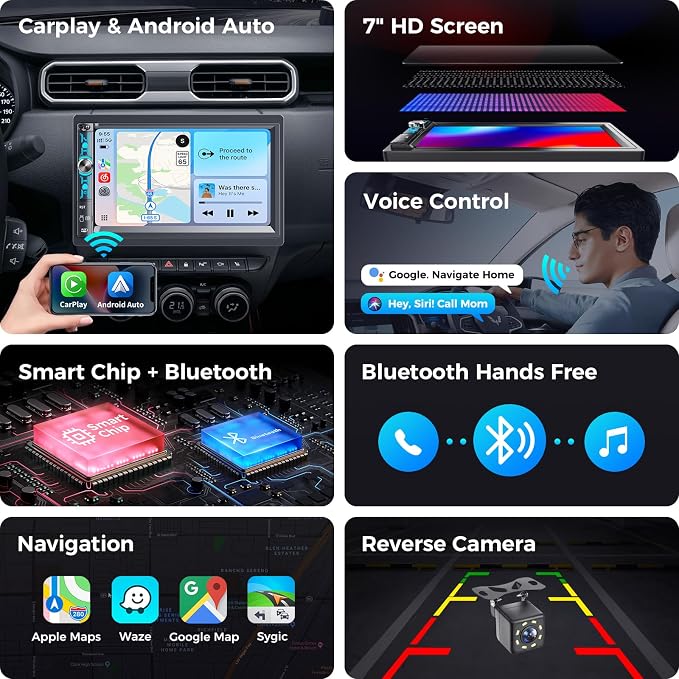 7" Double Din Car Stereo with Wireless Apple CarPlay & Android Auto, Bluetooth, 240W Output, SWC, Dual Subwoofer Support, Mirror Link, FM/AM Radio Receiver, USB-C/AUX/TF Ports,Backup Camera
