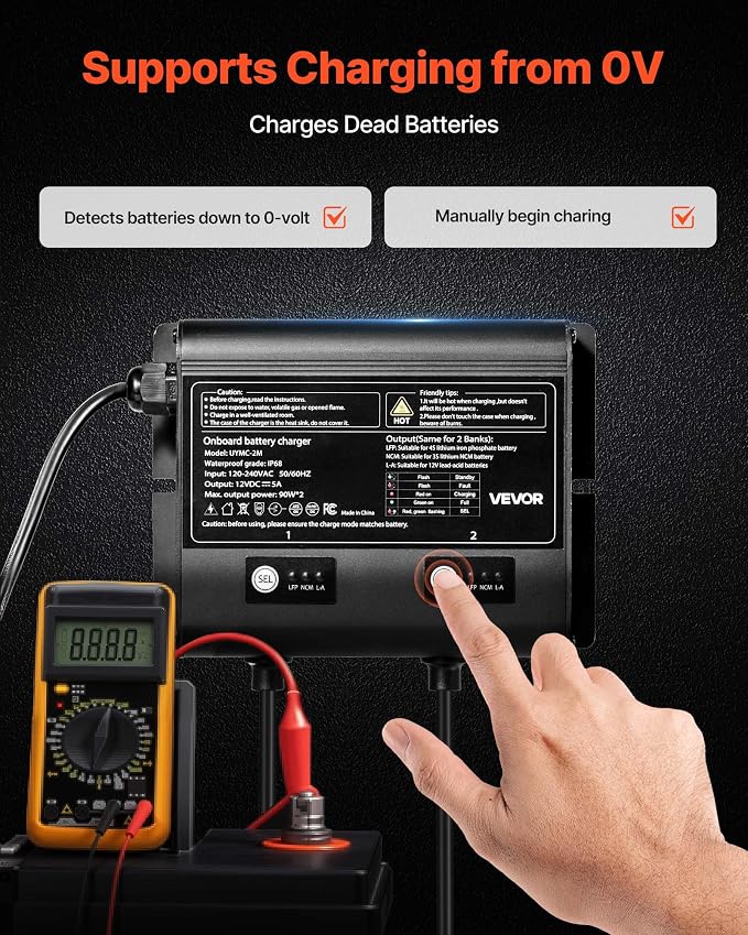 VEVOR 2 Bank Marine Battery Charger, 5A × 2, 12V Onboard Charger, IP68 Waterproof Smart Boat Battery Charger, for Lithium-Ion LiFePO4, NCM, Lead-Acid Batteries, Large Boat, Yacht, RV, Trailer