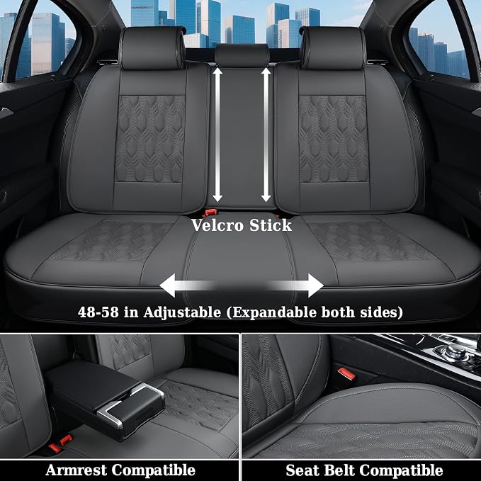Coverado Car Seat Cover Full Set, Front and Back Seat Covers for Cars, 5 Seats Luxury Leather Seat Covers, Waterproof Car Seat Protectors, Gray Driver Seat Cushions Fit for Most Vehicles