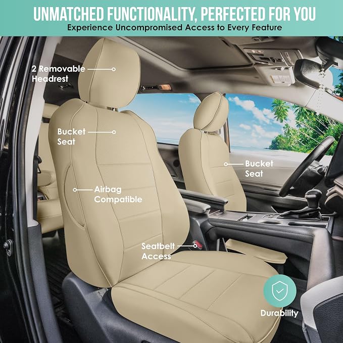 FH Group Custom Fit Car Seat Covers Specifically Made for 2021-2024 Toyota Sienna 7-8 Seater, Faux Leather Automotive Seat Covers - Front Set Solid Beige