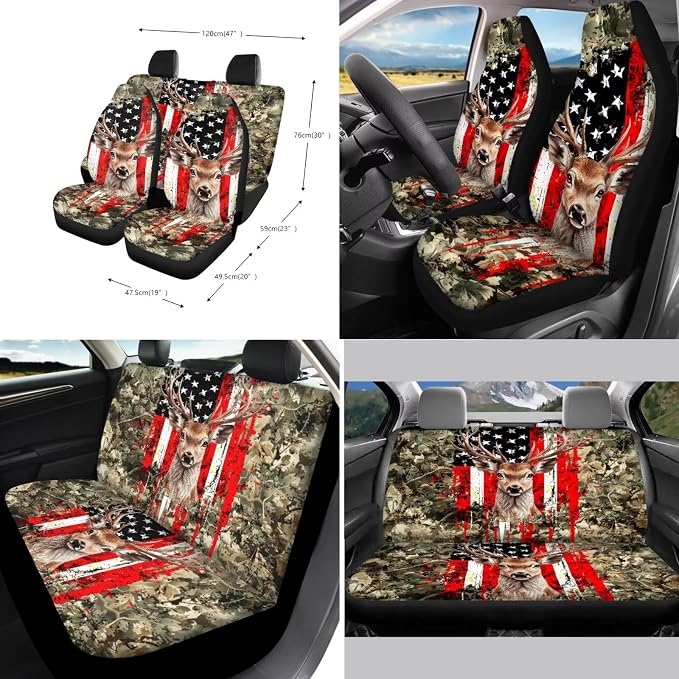 Suobstales Deer American Flag Camo Print Car Accessories Car Seat Covers Full Set of 11, Auto Interior Cover Seat Protector with Steering Wheel Cover, Seat Belt Pads, Coaster, Keychains