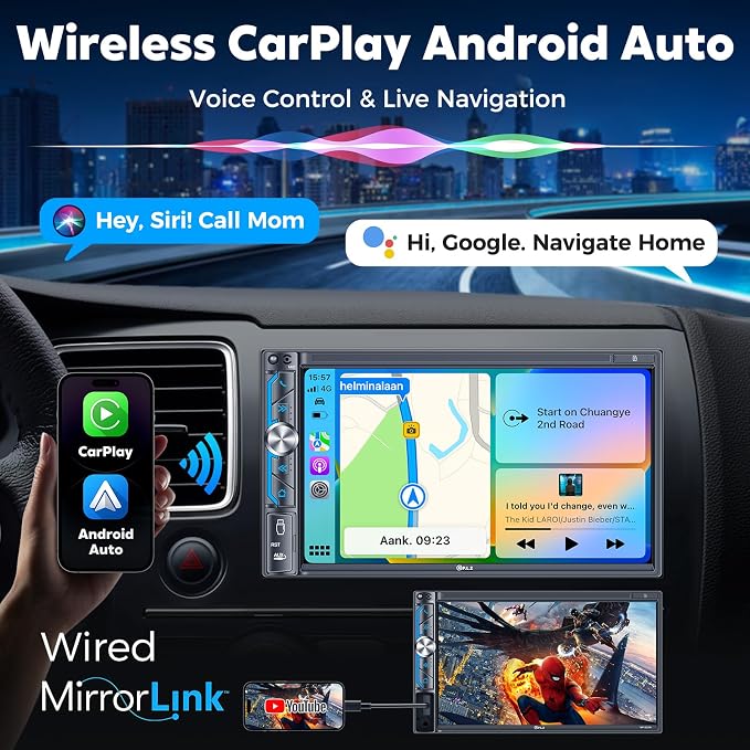 PLZ 7" Wireless Double Din Car Stereo Apple Carplay Radio Screen for Car Audio Receivers, Bluetooth, Car Play Android Auto Touchscreen, 240W 4.2 CHN 2 Subwoofers Outputs, SWC, FM/AM, Backup Camera