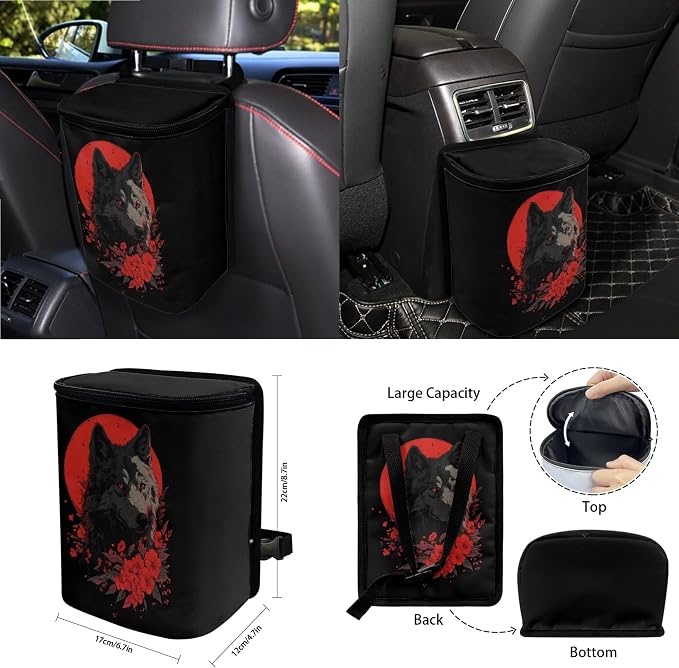 Moon Wolf Floral Print Car Accessories Full Set of 15 Car Seat Covers Steering Wheel Covers Seat Belt Strap Cover Trash Bag Air Vent Storage Holder Rear View Mirror Cover Keychain Coasters