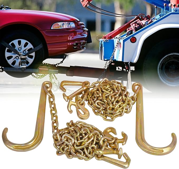 5/16" Grade 70 V-Type Transport Tow Chain 10 Ft w/J-Hooks Long Shank Legs for Flatbed Truck Tie Trailer Tractor Car Wrecker Tow Chain,3700 Lbs Working Load Limit,G70 Steel Towing Chain Bridle