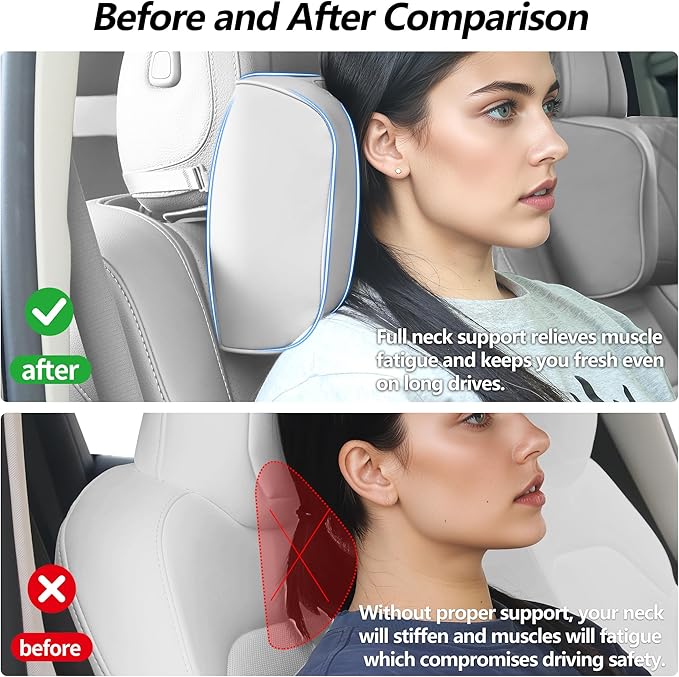 Car Headrest Pillow U-Shaped, Memory Foam Head Neck Support Cushion for Driving, Leather Head Rest Travel Pillows for Sleeping, Breathable Removable Cover, Gray, 2 Pack