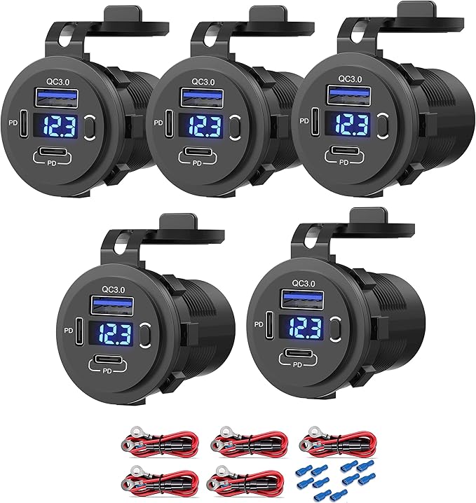 Zennova, 5 Pack USB C Charging Adapter, 58W 12v Outlet with PD USB C & QC 3.0 Ports, Waterproof, Voltmeter, Power Switch for Car, Golf Cart, Boat, Marine, Bus, Truck, RV, Motorcycle