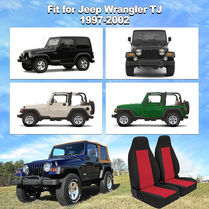 Custom Seat Covers for Jeep Wrangler TJ 1997 1998 1999 2000 2001 2002 Heavy Duty Cloth Protector Interior Accessories，Waterproof & Machine Washable, Foam Padded - Red（Front）