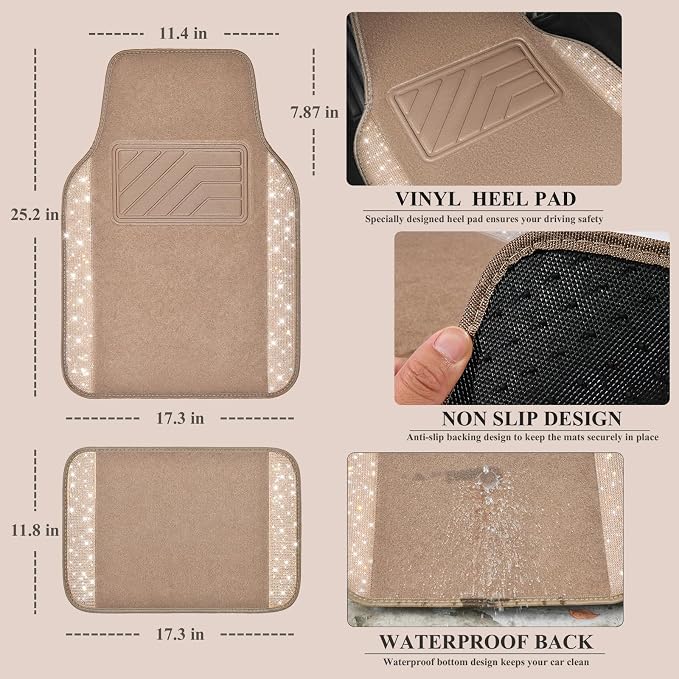 CAR PASS Bling Rhinestones Diamond Car Floor Mat Car Seat Covers Full Set, Crystal Sparkly Shining Glitter Carpet, Waterproof Anti-Slip PVC Heel Pad Universal Fit Interior Girl Women Beige