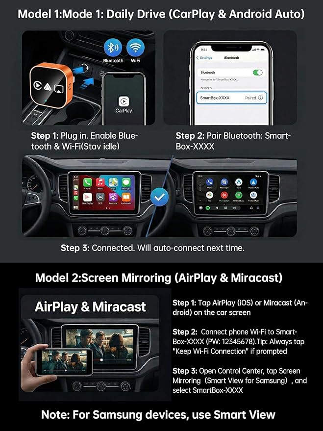4-in-1 Wireless CarPlay & Android Auto Adapter – AirPlay & Miracast Media Hub – Seamless for Mixed Families – 5.8GHz Low-Latency & Auto-Connect – Factory Wired Cars Only (Sunset Orange)