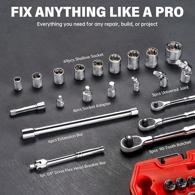 86-Piece Mechanics Tool Set, 1/4" 3/8" 1/2" Shallow Drive Socket & Ratchet Set, SAE/Metric, 90-Tooth Ratchet, Extension Bars, CR-V Steel Tool Kit with Storage Case