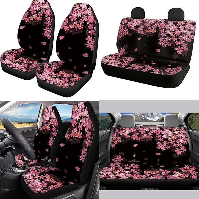 Mumeson Cherry Blossom Car Seat Covers Full Set and Steering Wheel Cover,Seat Belt Covers,Car Interior Armrest Cushion Pad Full Set of 8 Pack Auto Interior Decor Accessories Pink