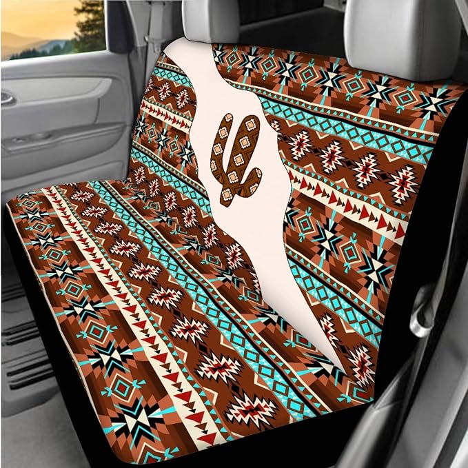 BIGCARJOB Aztec Cactus Print Car Seat Covers Full Set 12 Pcs Southwest Tribal Car Accessories for Women Auto Interior Seat Protector for Front Back,Armrest Pads,Steering Wheel Protector