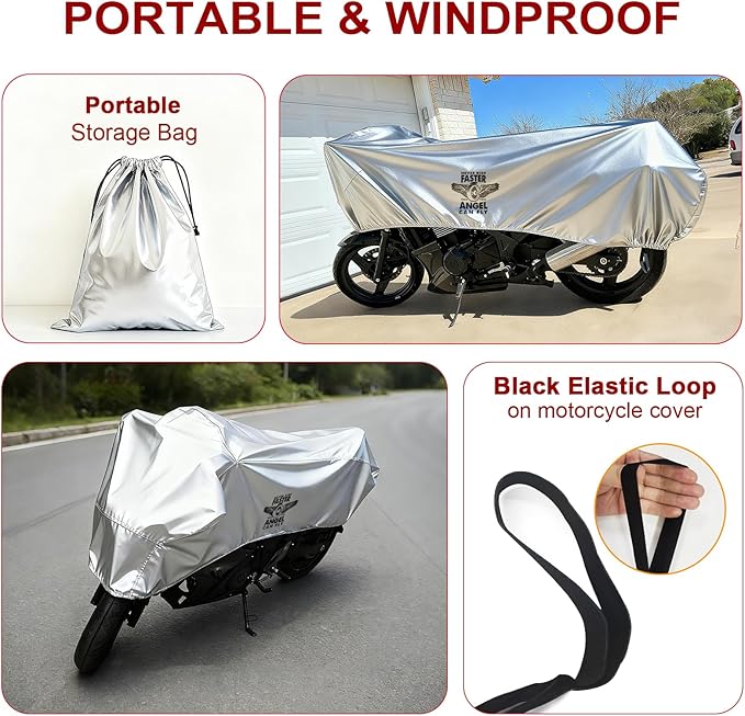 Dream Apparel Motorcycle Half Cover, Waterproof Motorcycle Cover for Outdoor, Rain Snow Dust Protection Universal Fit Heavy Duty Motorbike Vehicle Cover with Storage Bag, Silver with Wing Wheel L