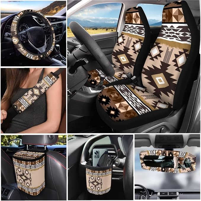 XYZCANDO Aztec Tribe Car Interior Sets 15 PCS Car Seat Cover Set Steering Wheel Cover Storage Box Garbage Bag Seat Belt Pads Cover Car Rear View Mirror Cover Coasters Keychain for Sedans Van SUV