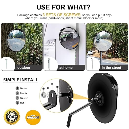 Angooni 16" Convex Driveway Mirror, Upgrade Wide Angle View, Adjustable Blind Spot Mirror, Traffic Mirrors, Security Mirrors Indoor and Outdoor, Parabolic Safety Mirrors