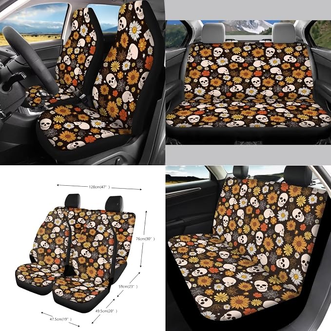 Gothic Skull Floral Print 15Pcs Car Seat Cover Full Set Car Steering Wheel Cover Seat Belt Cover Trash Bin Air Vent Storage Box Front Rear View Mirror Car Cup Holder Keychain