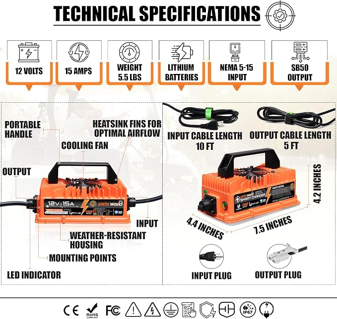 LithiumLogic™ 12V 15A LiFePO4 Charger with SB50 Anderson Plug, Accessory Wires & Temp Sensor; IP67 Waterproof with VoltRevive™ Recovery for carts, Boats, ATVs, Pallet Jacks, forklifts & scrubbers
