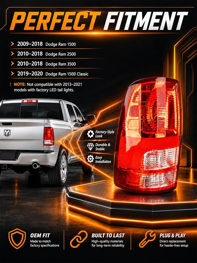 Tail Lights Fit Dodge Ram 1500 2500 3500 2009 2010 2011 2012 2013 2014 2015 2016 2017 2018 Rear Brake Back Up Cover Taillights Lens Assembly Left Driver Right Passenger Side (Lamp Included)