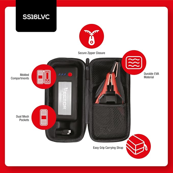 Vector SS16LVC 1600 Peak Amp Automotive Lithium Jump Starter, USB-A(15W), USB-C(30W), Power in & Out with Carrying Case