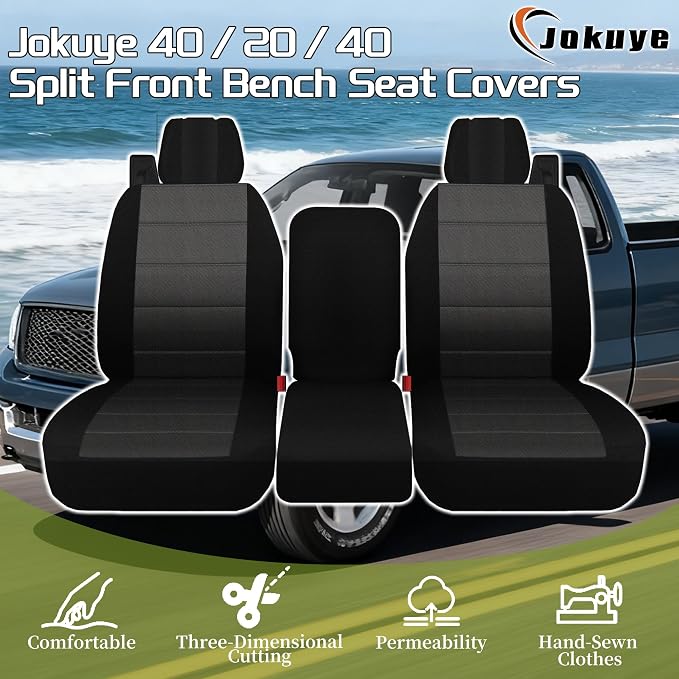 Jokuye 40/20/40 Split Front Bench Seat Covers for Ford F150 XL Standard Cab 2004 2005 2006 2007 2008, Heavy-Duty Oxford Fabric with Integrated Seatbelts & Center Armrest Cover - Black