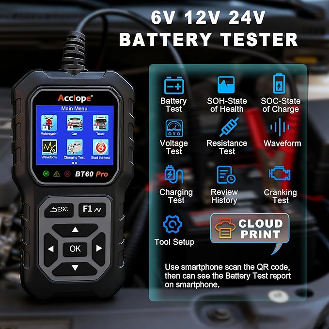 BT60 PRO Car Battery Tester 6V/12V/24V, 2–120Ah, 100–3000 CCA, AGM/Gel/Lithium, Alternator & Starter/Charging System Analyzer, QR Cloud Report (No App), Digital Checker