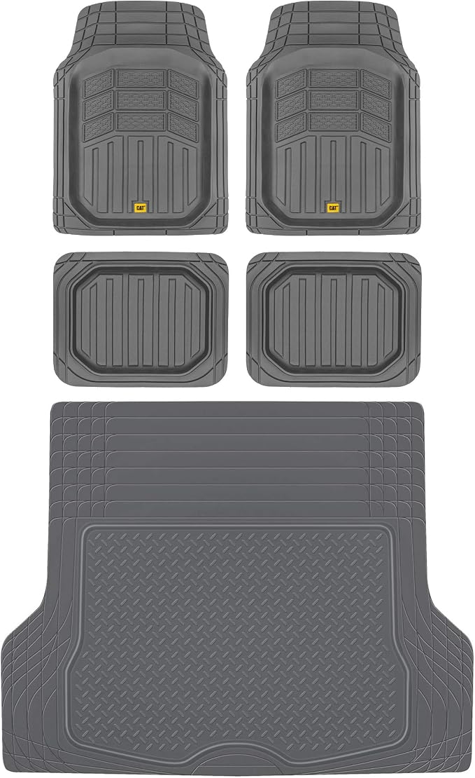 BDK Cat® CAMT-9014 (4-Piece) Large Deep Dish Rubber Car Floor Mats with Trunk Cargo Liner, Universal Trim to Fit Front & Rear Combo Set for Car Sedan SUV Van, Heavy Duty All Weather